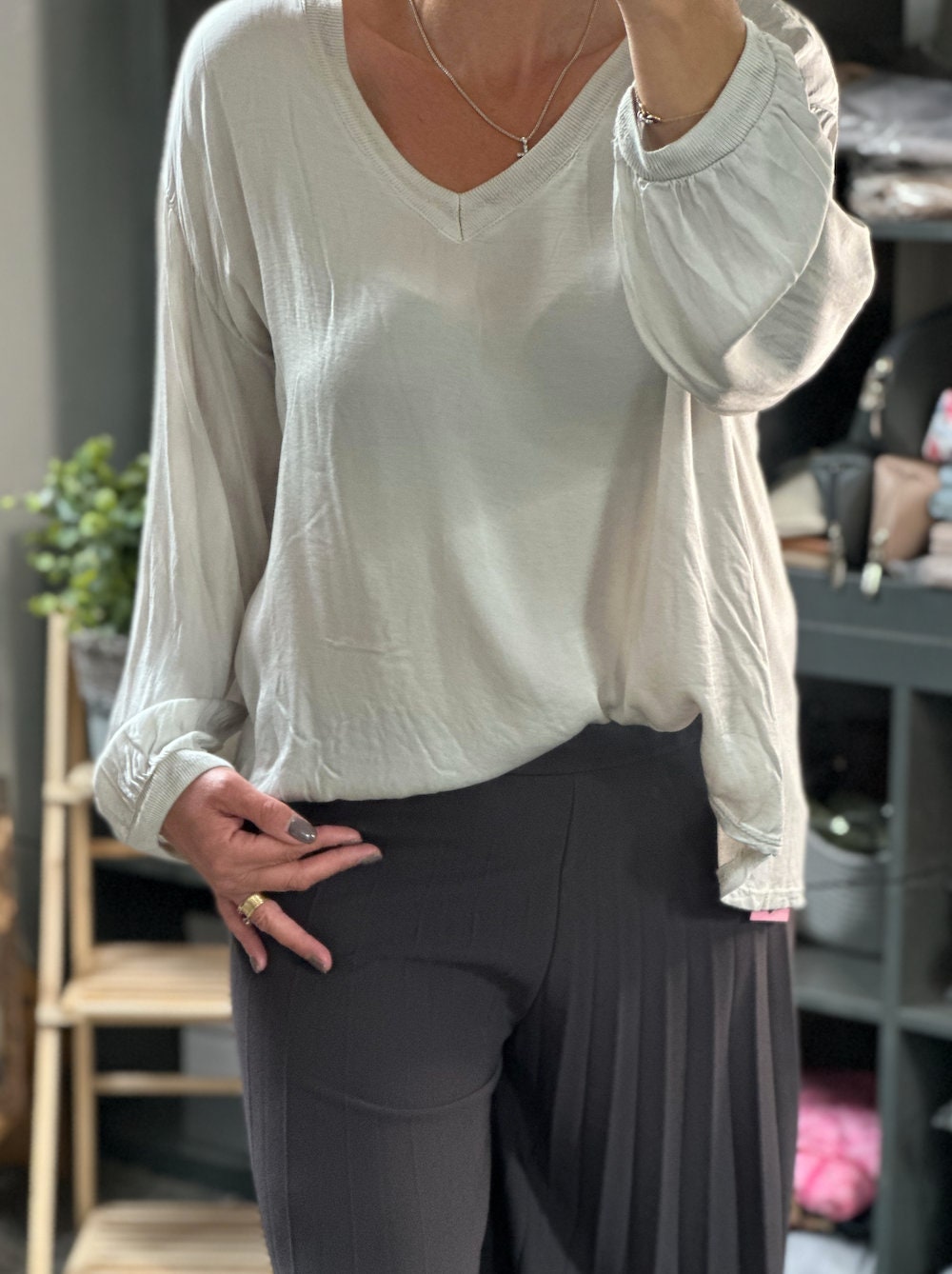 Made in Italy Cream V Neck Silk Top,  Blouse, Pullover