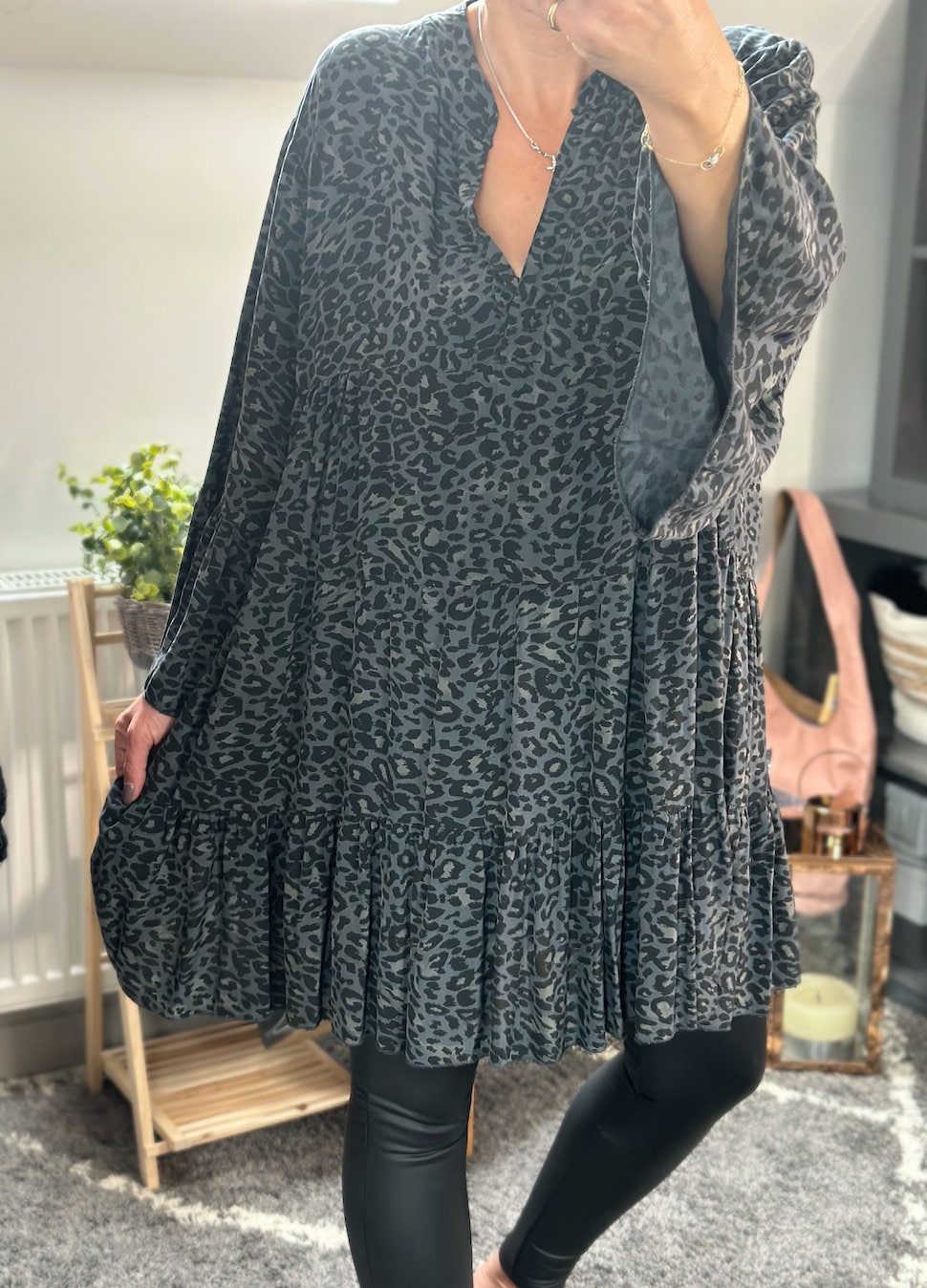 Made in Italy Black and Grey Small Leopard Sharp Digital Print Tiered Smock Dress, Shirt