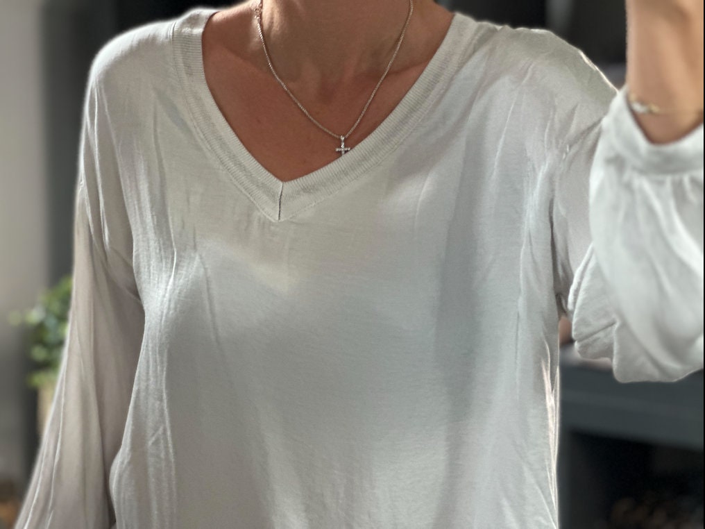 Made in Italy Cream V Neck Silk Top,  Blouse, Pullover