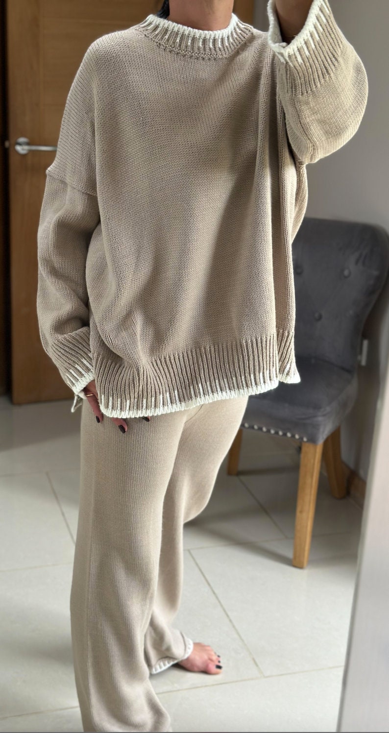 Made in Italy Beige Thick Knitted With Border Detail Two Piece Co-Ord Set, Loungewear, Cosy Knitwear.