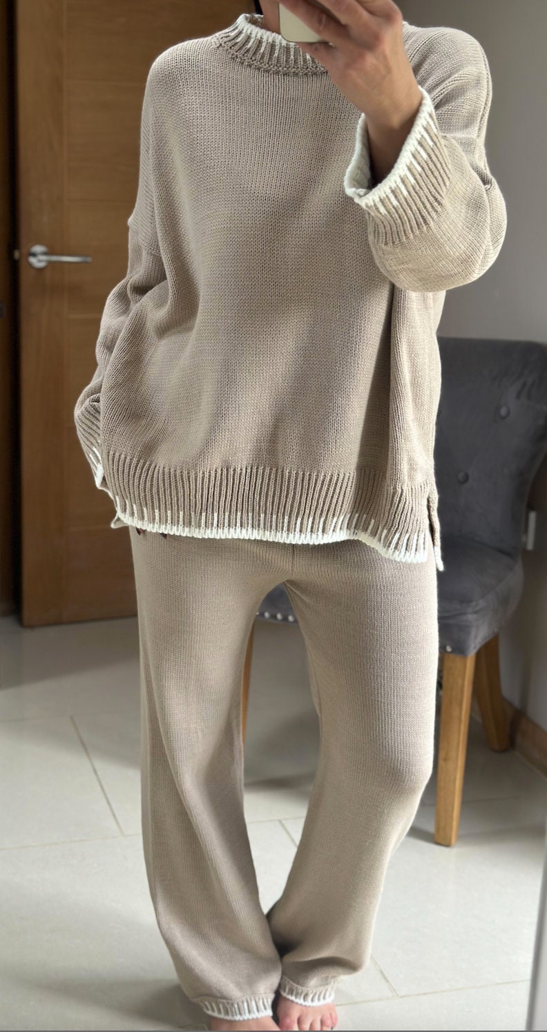 Made in Italy Beige Thick Knitted With Border Detail Two Piece Co-Ord Set, Loungewear, Cosy Knitwear.