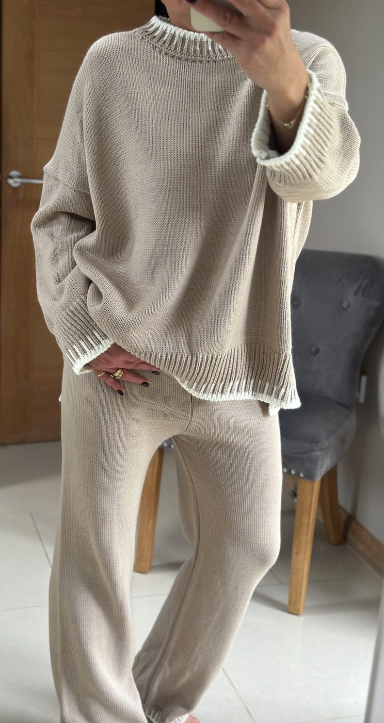 Made in Italy Beige Thick Knitted With Border Detail Two Piece Co-Ord Set, Loungewear, Cosy Knitwear.