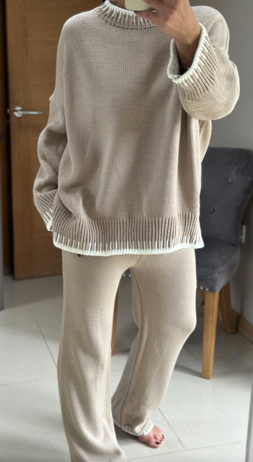 Made in Italy Beige Thick Knitted With Border Detail Two Piece Co-Ord Set, Loungewear, Cosy Knitwear.