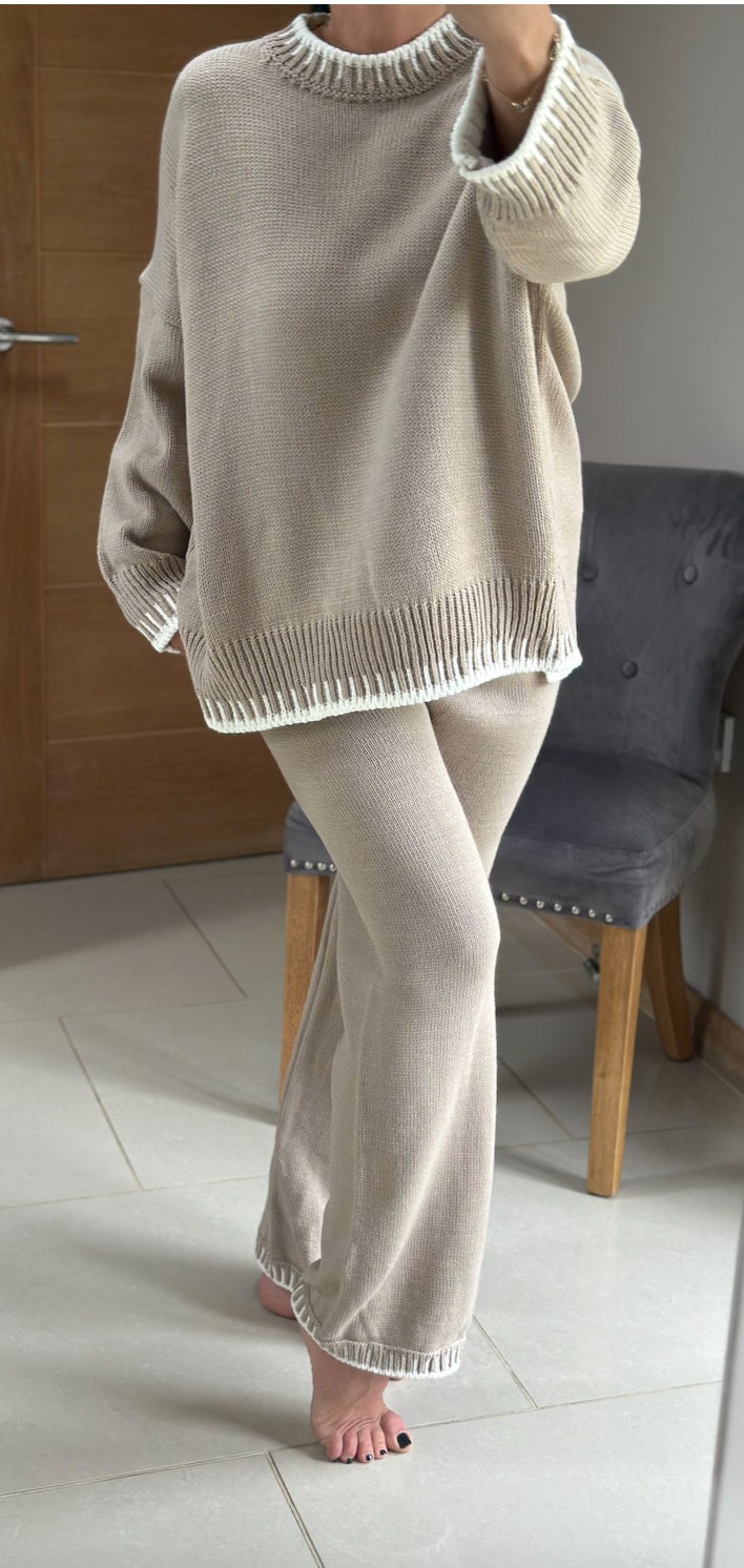 Made in Italy Beige Thick Knitted With Border Detail Two Piece Co-Ord Set, Loungewear, Cosy Knitwear.